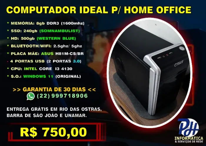 Computador Home Office Core i3 Mem 8gb SSD240gb HD 500gb WiFi (Produto OEM-Entrega Grátis)