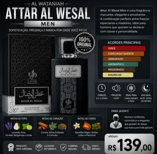 Perfume Árabe Al wataniah Attar Al Wesal masculino 100ml EDP - Original em promoção
