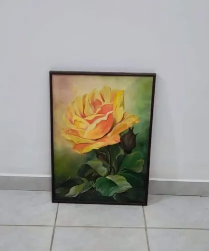 lindíssimo quadro antigo assinado ana nóbrega rosa amarela obra de arte pintura vintage