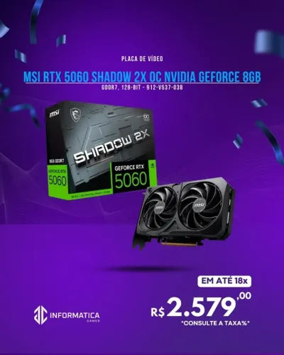 PLACA DE VÍDEO MSI RTX 5060 SHADOW 2X OC NVIDIA GEFORCE 8GB