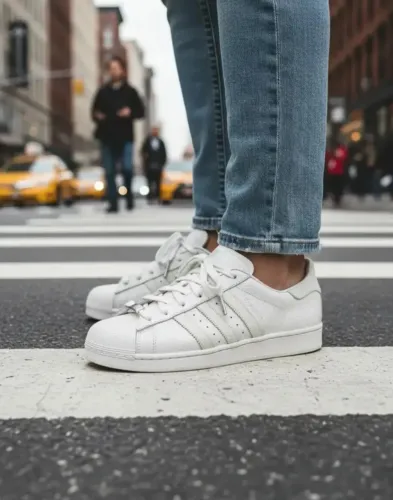 Tênis Adidas Super Star texturizado em couro cinza clarinho 38