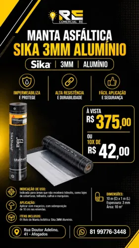 Manta Asfáltica Sika 3mm Alumínio 10m² | Impermeabilização