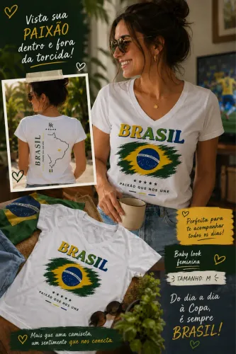 Camiseta Brasil Baby Look Feminina Tamanho M | Frente e Costas