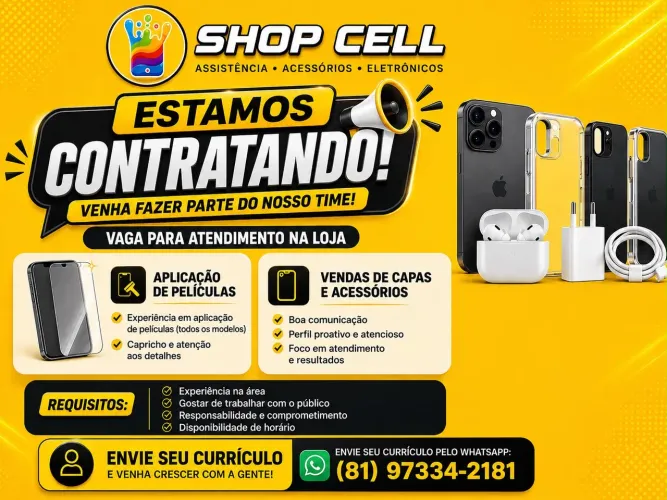 VAGA PARA VENDEDOR/ATENDENTE DE LOJA DE ACESSÓRIOS PARA CELULARES