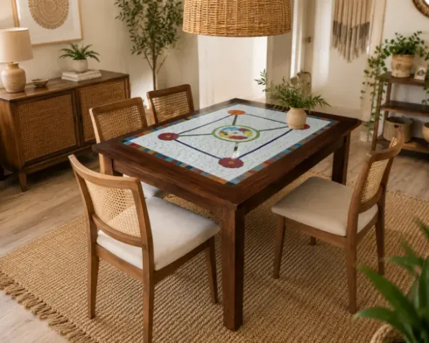 Mesa em Madeira Maciça com Tampo em Mosaico Artesanal - 1,10 x 0,80 m