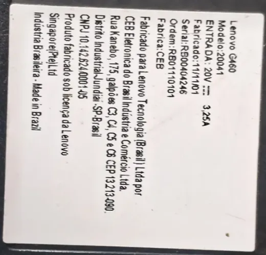 Sucata Notebook Lenovo G460 (Para Retirada de Peças)