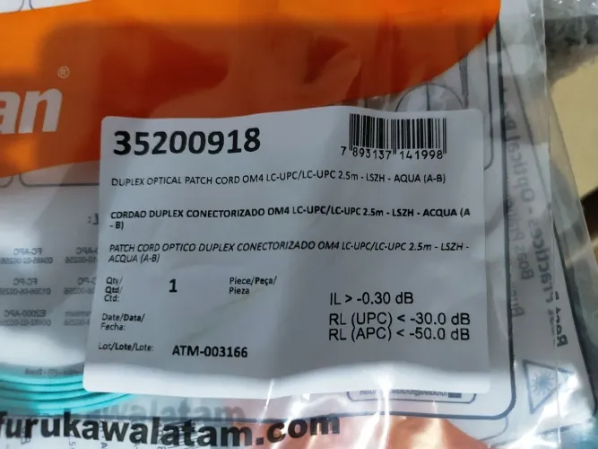 Cabo Fibra Óptica OM4 LC-LC 2,5m LSZH Novo R$80