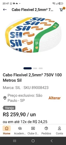 Cabo flexivel SIL Flexível 1x2.5mm² branco x 100m em rolo