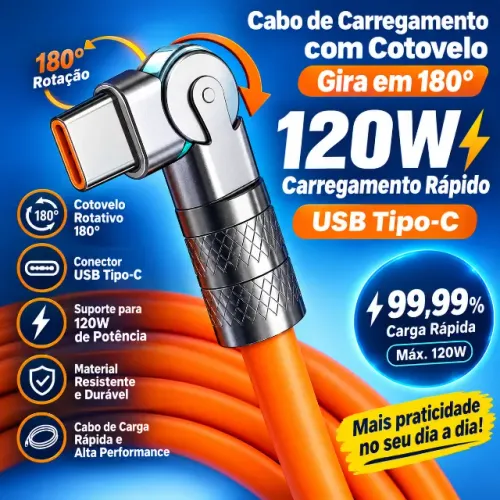 Cabo de 2 metros Usb Tipo-C Giratòrio 180º graus Turbo Gamer 120w 6A Acabamento Silicone