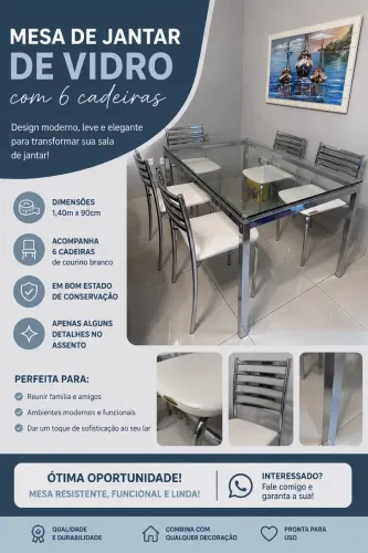 Mesa de Jantar de Vidro - 6 cadeiras