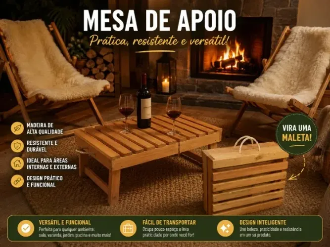Mesa de apoio dobrável em madeira vira maleta