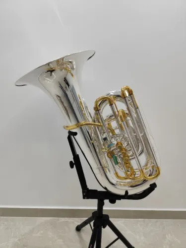 Tuba 5/4 HS Musical 4 Pistos e 1 rotor DÓ - HSTB1C - Prateada com Ouro - NOVA