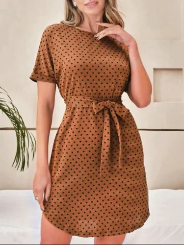 Vestido Marrom Caramelo, Manga Curta Com Faixa