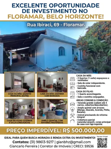 Casa Espaçosa à Venda no Bairro Floramar - Belo Horizonte
