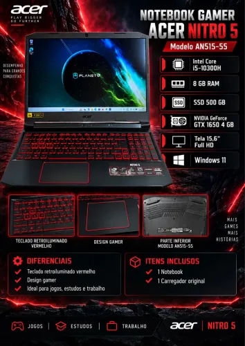 Notebook Gamer Acer Nitro 5 AN515-55 - i5-10300H | GTX 1650 4GB | 8GB RAM | SSD 500GB