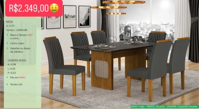 Mesa de Jantar 6/cadeiras Lincee