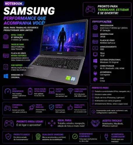 Notebook Samsung i7 | 36GB RAM | SSD | GeForce | Pronto para uso