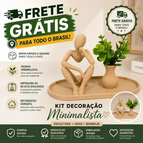 Kit Decoração Minimalista Escultura Pensador + Vaso Decorativo com Bandeja