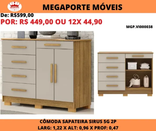 Cômoda Sapateira Sirius 2P 5G