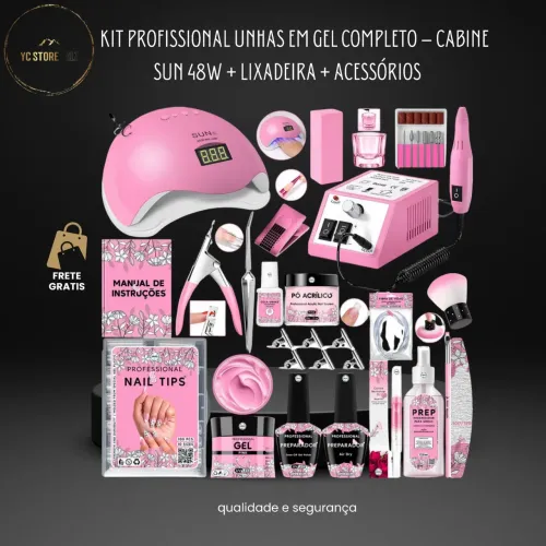 KIT PROFISSIONAL UNHAS EM GEL COMPLETO - CABINE SUN 48W + LIXADEIRA + ACESSÓRIOS