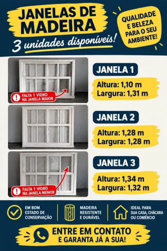 3 Janelas Coloniais de Madeira - Veneziana com Vidro - Grandes - Antigas