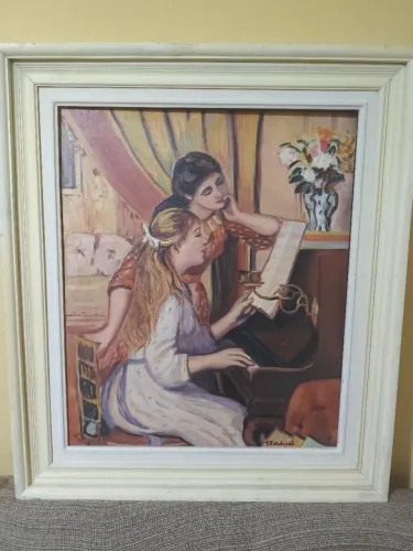 Quadro pintado à mão antigo com moldura 