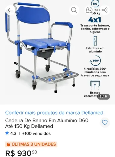Cadeira de banho em alumínio de 60 até 150 kg dellamed