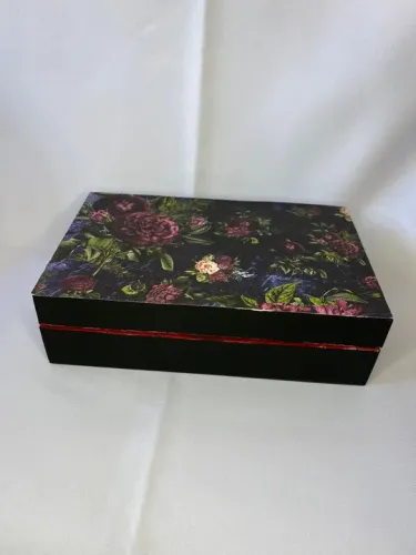Porta Joias em MDF Flocado 19x12x5 Preto com Divisórias e Papel Decorativo