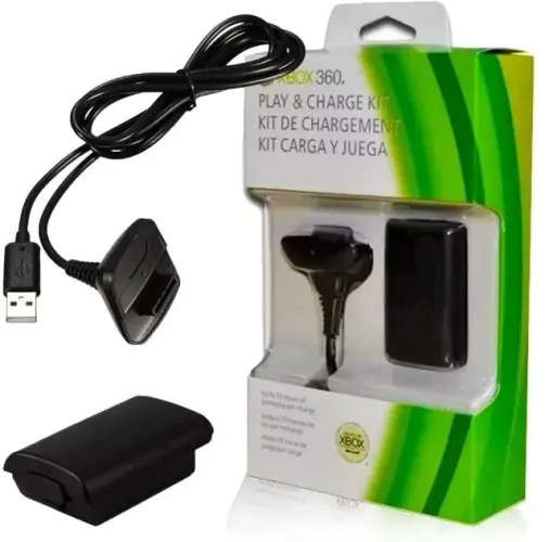 Bateria Para Controle Xbox 360 Com Cabo E Carregador Preto 12000mAh