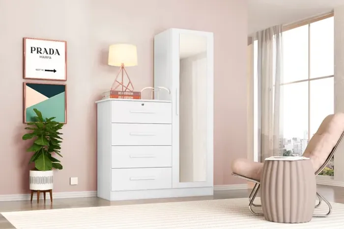 Comoda com armário espelhado 4 gavetas e 1 porta várias cores
