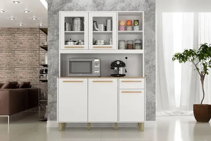 Armário de Cozinha Branco com 3 Portas e 2 Gavetas