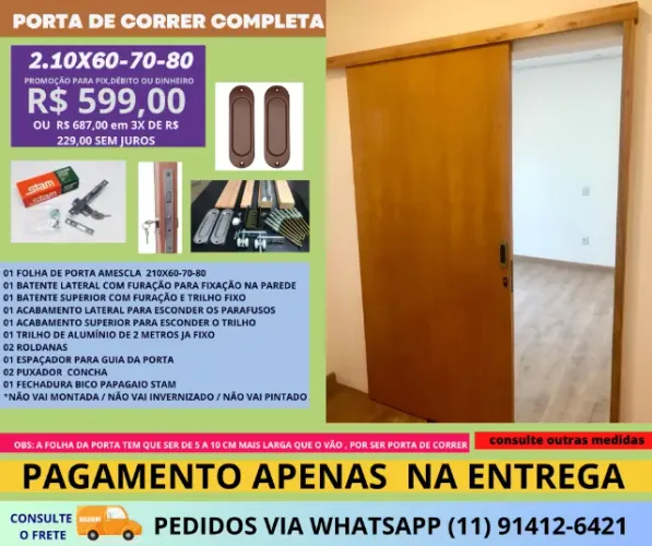 Porta correrr sig 2.10x70 batente de 4 + fechadura - frete a/c cod pz