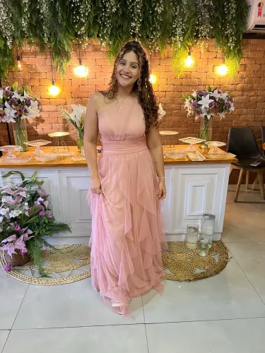 Vestido rosê com tule festa casamento madrinha