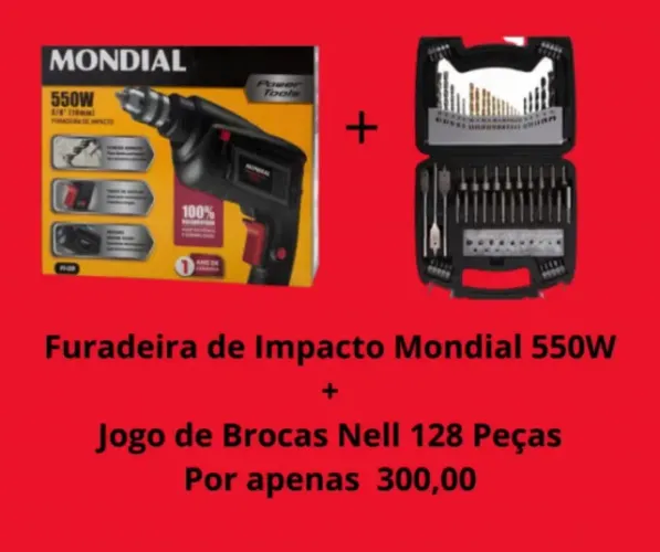 Furadeira de Impacto Mondial 550 W + Jogo de Brocas Nell 128 Peças