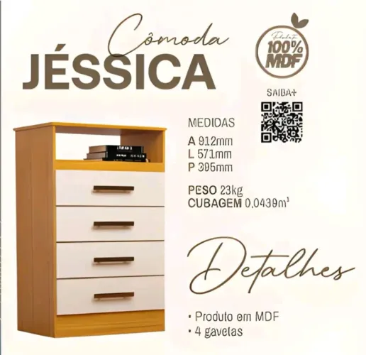 Cômoda Jessica 100% MDF - 4 Gavetas