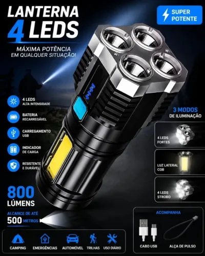 Lanterna 4 Leds frontais + fita led lateral ( recarregável ) produto novo na caixa