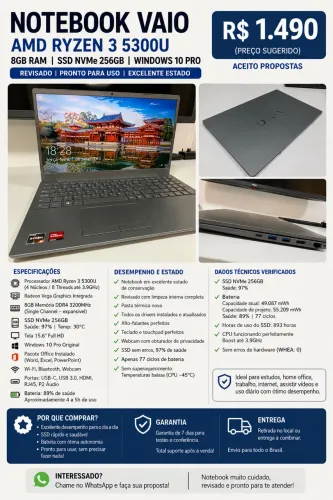 Notebook VAIO Ryzen 3 5300U | 8GB RAM | SSD NVMe 256GB | Windows 10 Pro + Office