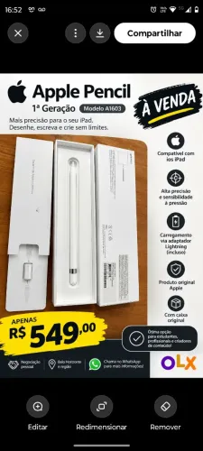 Apple Pencil 1° Geração Modelo A1603 Muito Nova Sem detalhes $549.00 Bairro Cidade nova