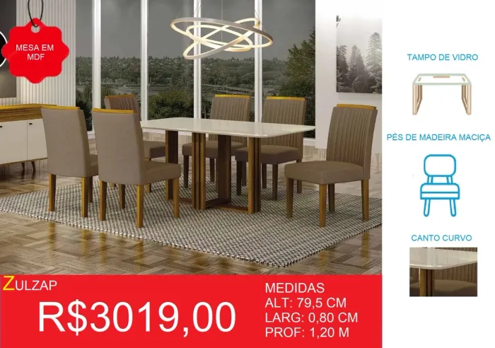 Mesa de Jantar com tampo de vidro