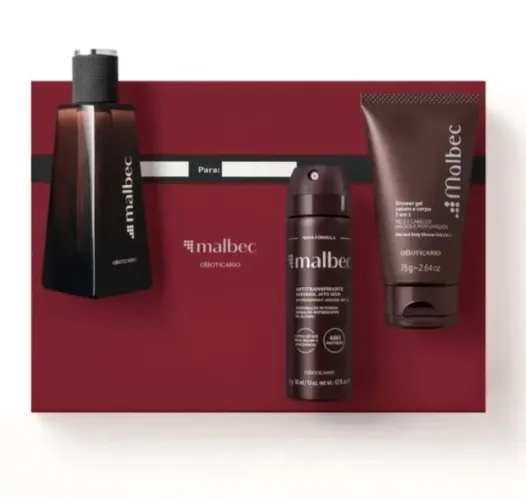 Kit Malbec perfume 50 ml, desodorante Aerossol, gel cabelo e corpo.