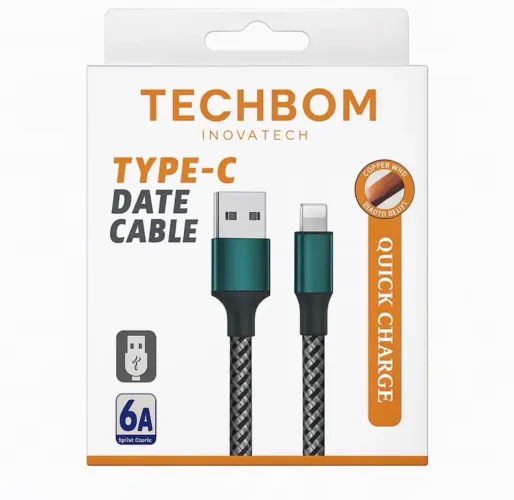 Cabo Turbo 6A USB Reforçado Rápido V8/Tipo-C/iPhone Android Carregamento e Dados