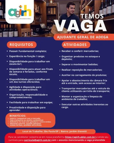 AJUDANTE GERAL DE ADEGA - JARDIM GIANETTI/SP