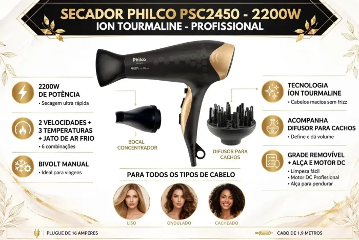Secador de Cabelos Profissional Philco Tourmaline PSC2450 2200W Bivolt Garantia