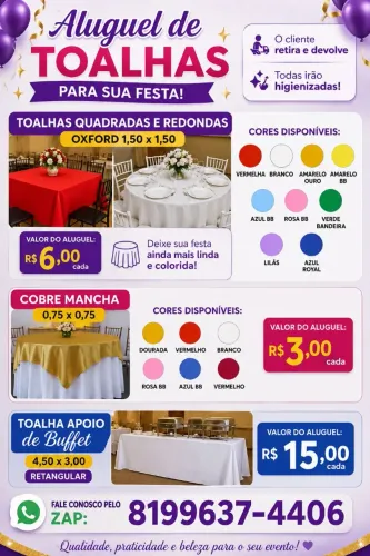 Toalhas em Oxford. Diversas cores. Mesas e cadeiras plásticas