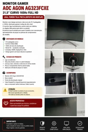 Monitor Gamer AOC Agon 31,5" 165Hz Curvo Full HD - Liga, para peças