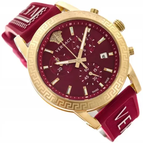 Relógio feminino cronógrafo com mostrador vermelho e caixa dourada da Versace.