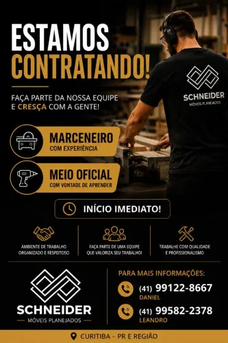 Vaga de emprego para meio oficial e Marceneiro 
