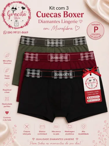 Kit com 3 Cuecas Boxer Diamantes Lingerie