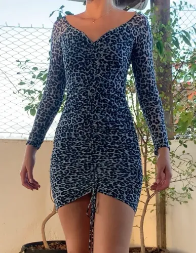 Vestido Vestido Tubinho Franzido Tule Animal Print - Bewa