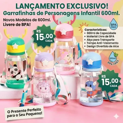 Garrafinha de Personagens Infantil 600ml - Hidratação e Diversão! (Novas)